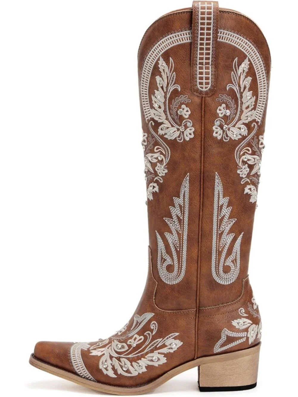 Women's Brown Faux Leather Rhinestone Knee High Cowgirl Snip Toe Zipper Boots